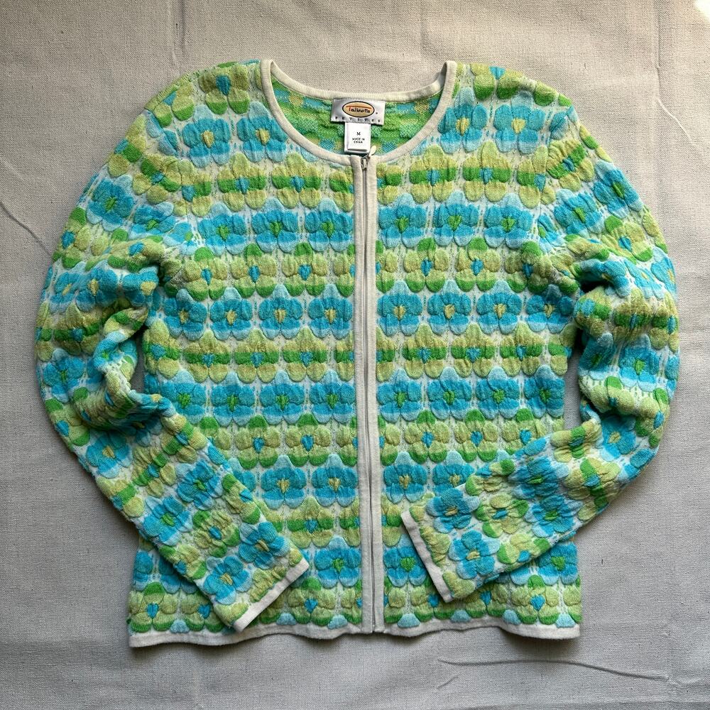 Talbots Zip Cardigan Vintage Y2k Flowers Womens Petite Medium